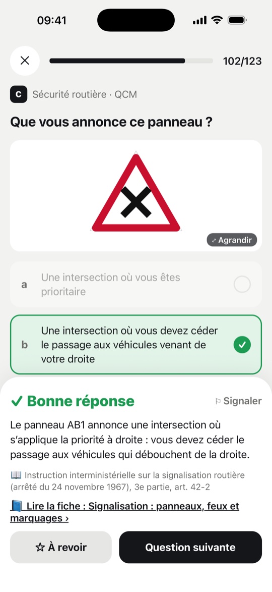 Correction d'une question de sécurité routière